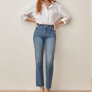 REFORMATION CYNTHIA HIGH RISE STRIAIGHT JEAN IN PONCE WASH, SIZE 24.